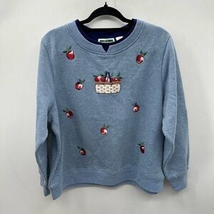 VINTAGE SHENANIGANS  APPLE basket embroidered Fall  blue cotton sweatshirt PXL